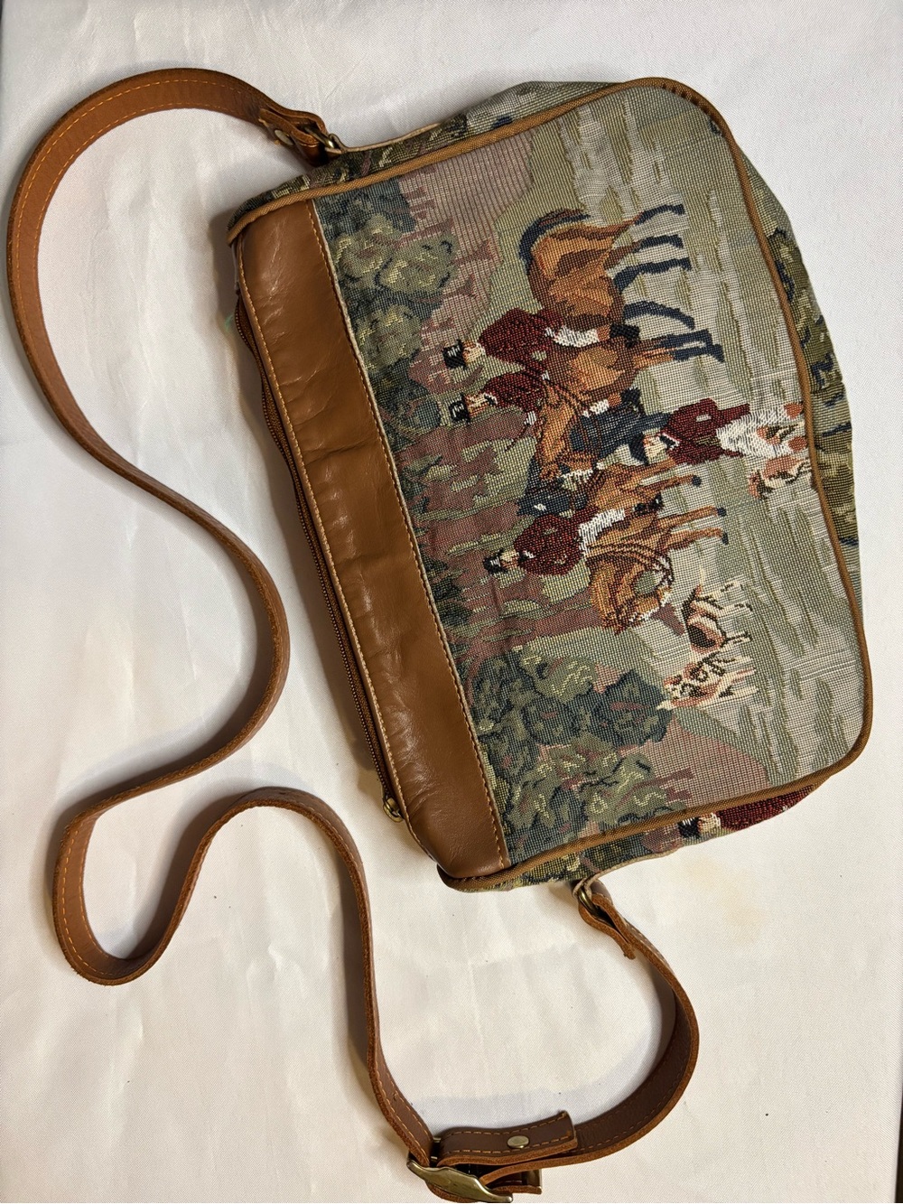 Vintage Orvis Fox Hunt Tapestry Crossbody Purse Leather Equestrian Bag